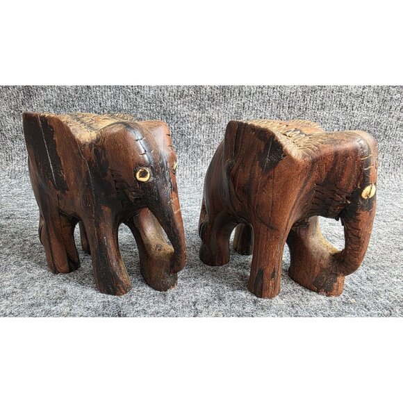 Vtg Hand Carved Wooden Elephant Figurines Set Of 2 Rustic Home Decor - Picture 4 of 9